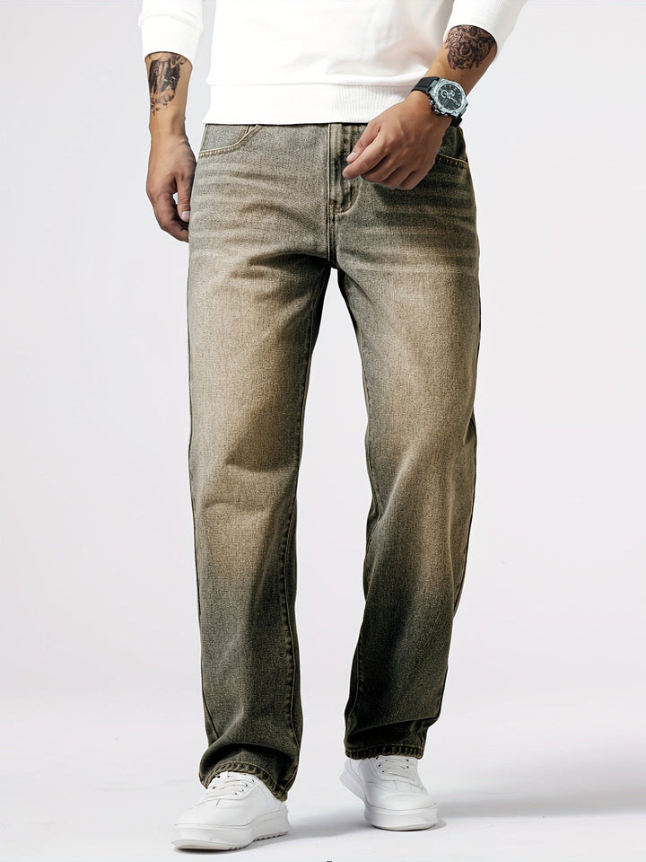 Modern men's straight leg casual trousers, versatile for various occasions, featuring a subtle washed finish.