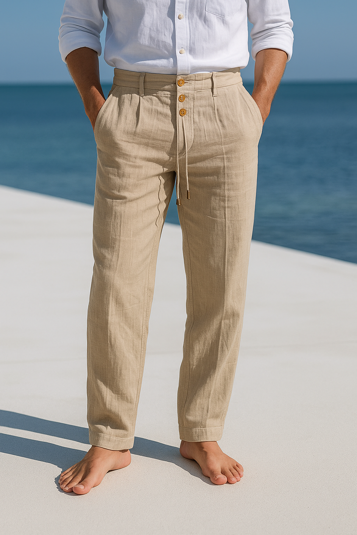 Men's straight leg linen trousers for casual summer wear. Breathable & comfortable relaxed fit holiday pants.
