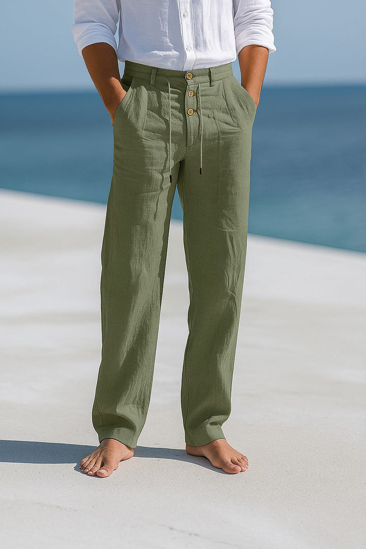 Men's casual linen straight leg trousers featuring an adjustable waist for ultimate summer comfort & style.