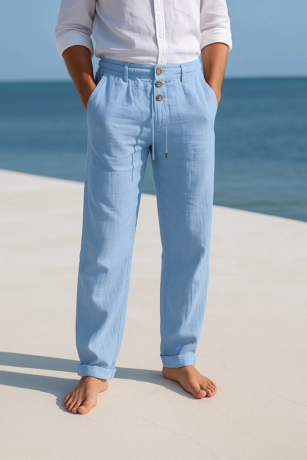 Relaxed fit men's linen straight leg trousers. Ideal casual pants for warm weather, holidays & resort wear.