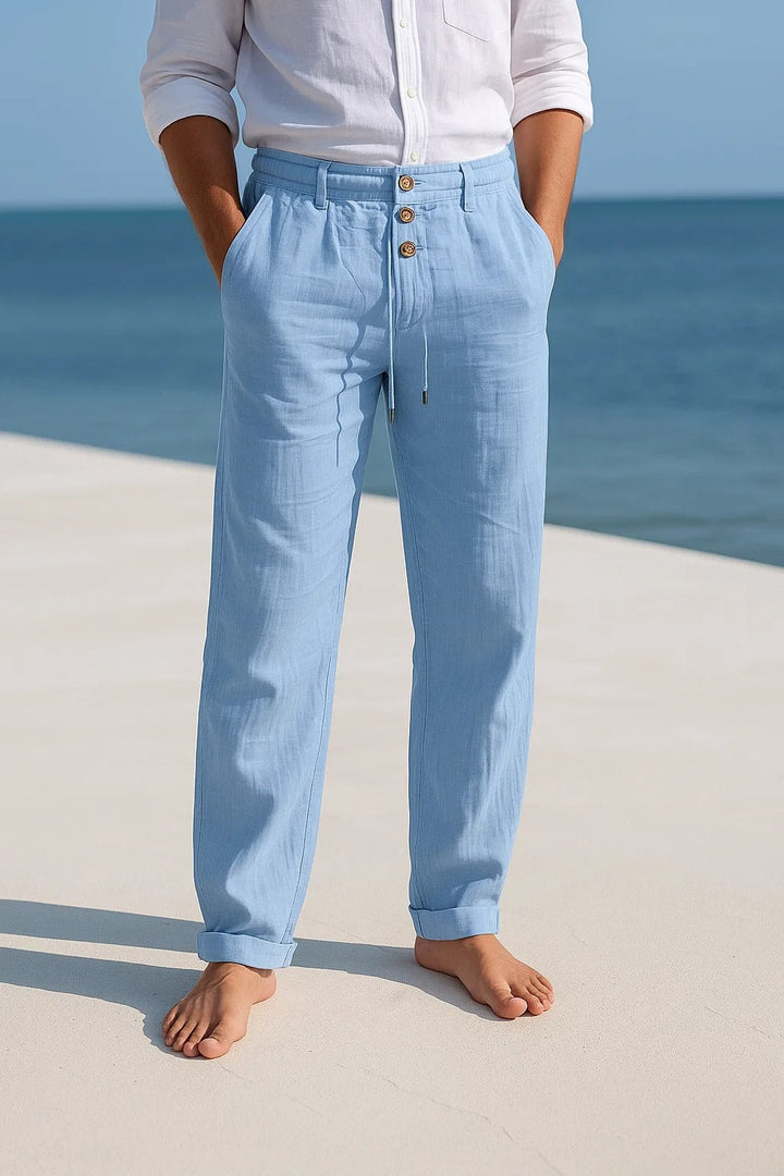 Relaxed fit men's linen straight leg trousers. Ideal casual pants for warm weather, holidays & resort wear.