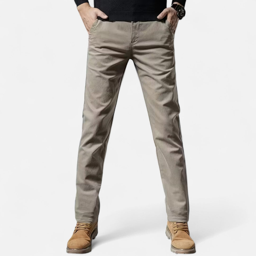Men's straight-leg tailored cotton trousers in classic khaki for smart casual wear.