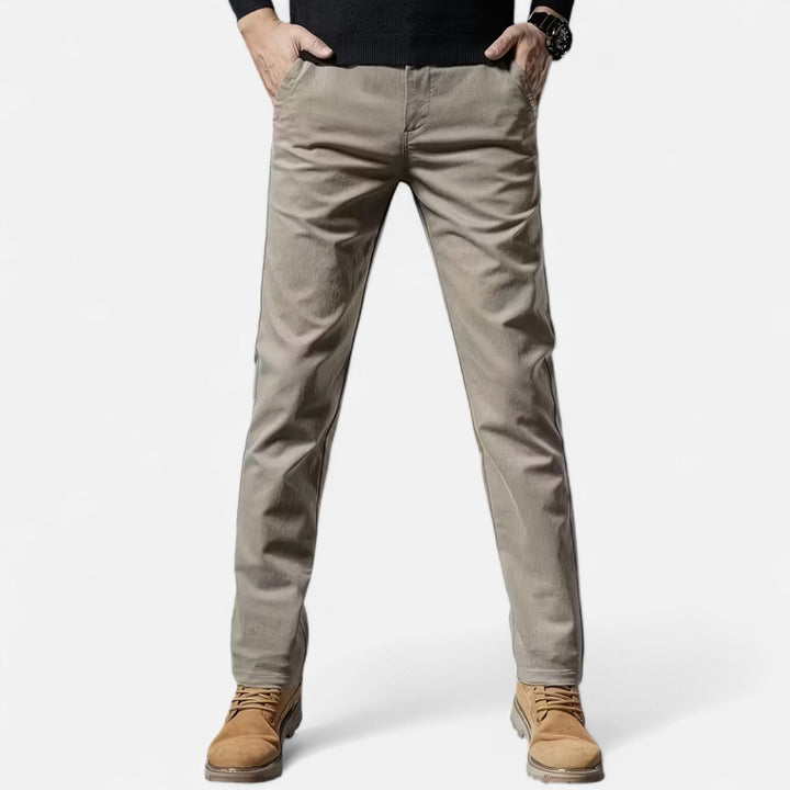 Men's straight-leg tailored cotton trousers in classic khaki for smart casual wear.