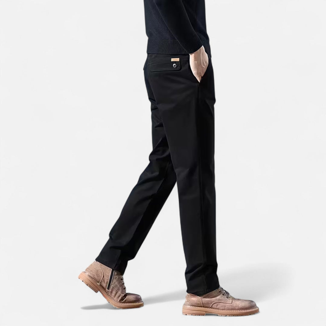 Navy blue straight-leg cotton trousers, perfect for versatile smart casual outfits.