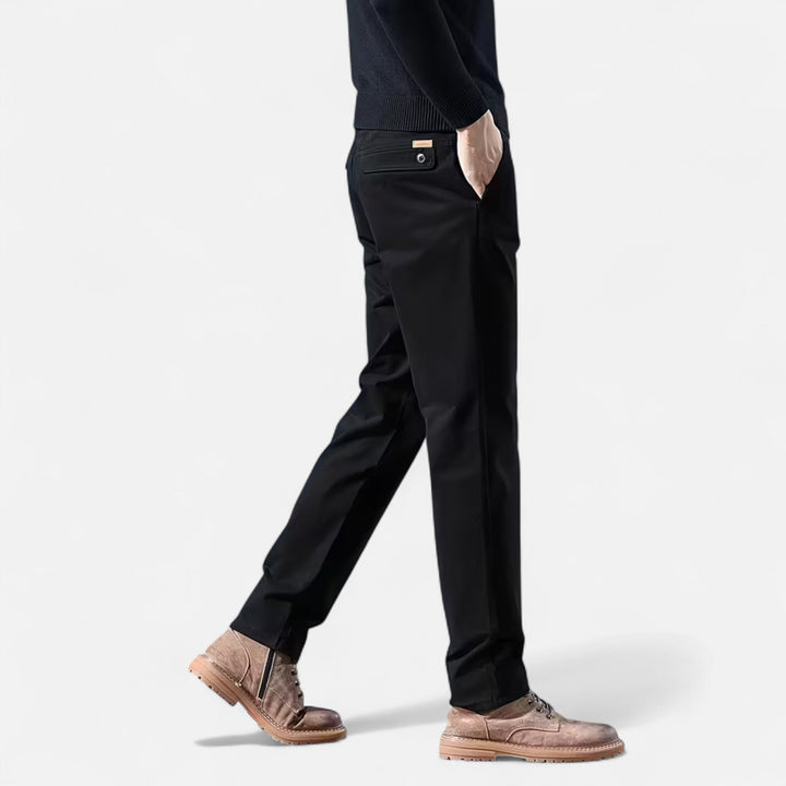 Navy blue straight-leg cotton trousers, perfect for versatile smart casual outfits.