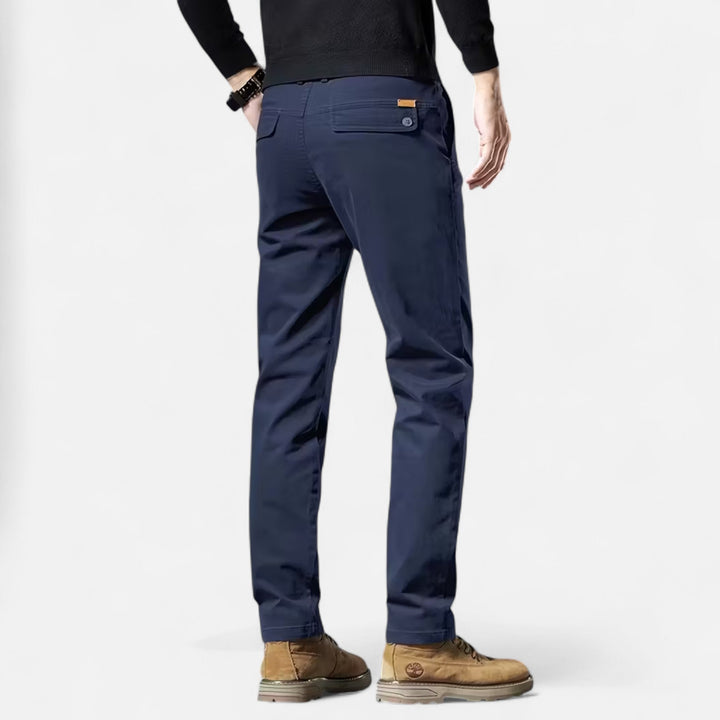 Front view of men's tailored cotton trousers, highlighting the straight-leg design.