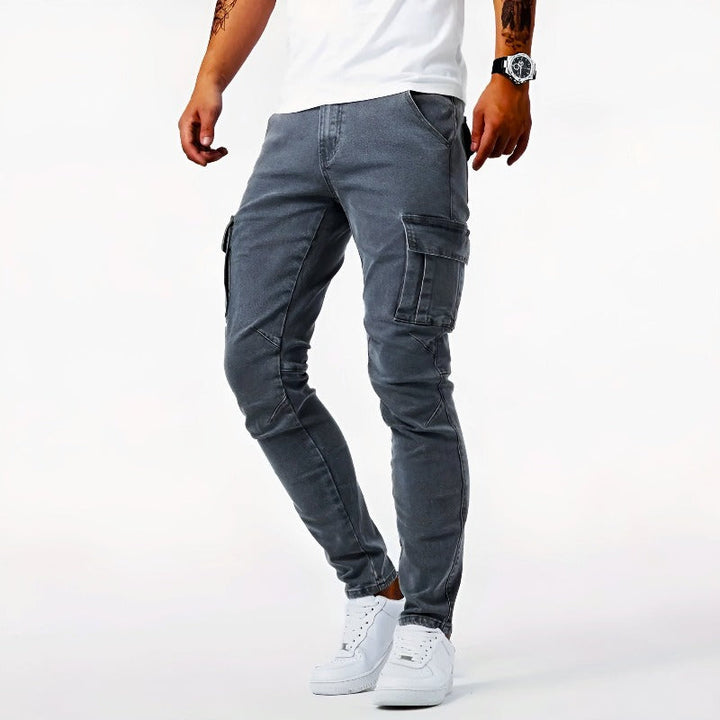 Men's stretch fit cargo pants featuring multiple side pockets for utility and style.