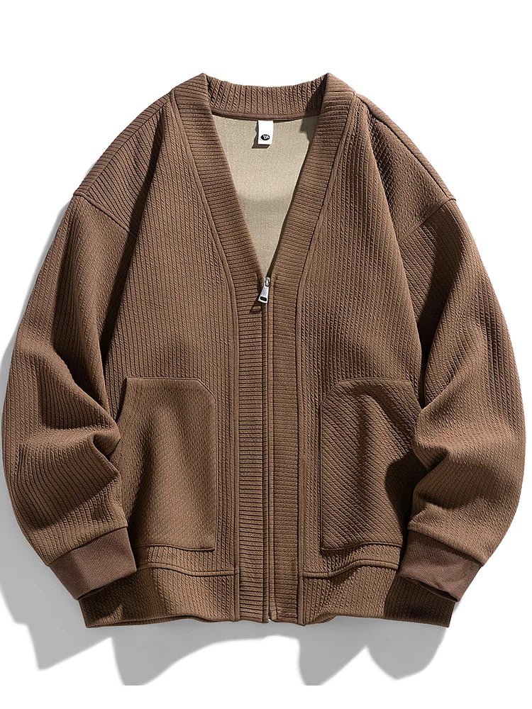 Men's stretch knit zip cardigan sweater for stylish winter wear.