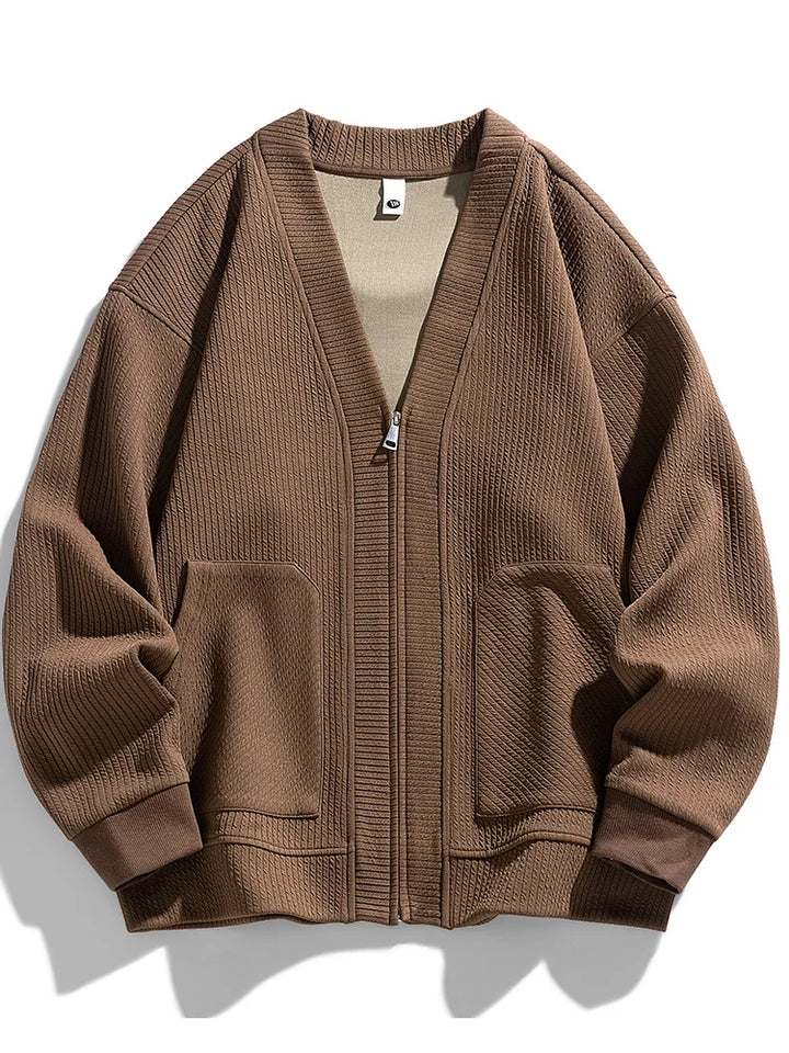 Men's stretch knit zip cardigan sweater for stylish winter wear.
