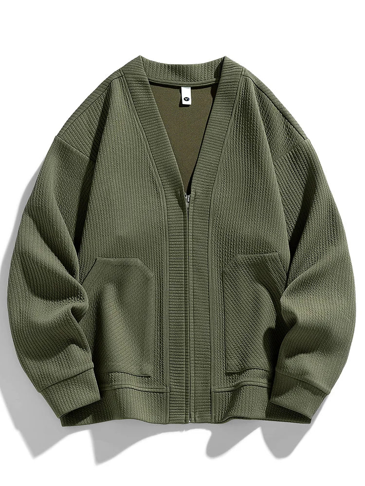 Model wearing a warm men's zip cardigan, perfect for casual fashion.