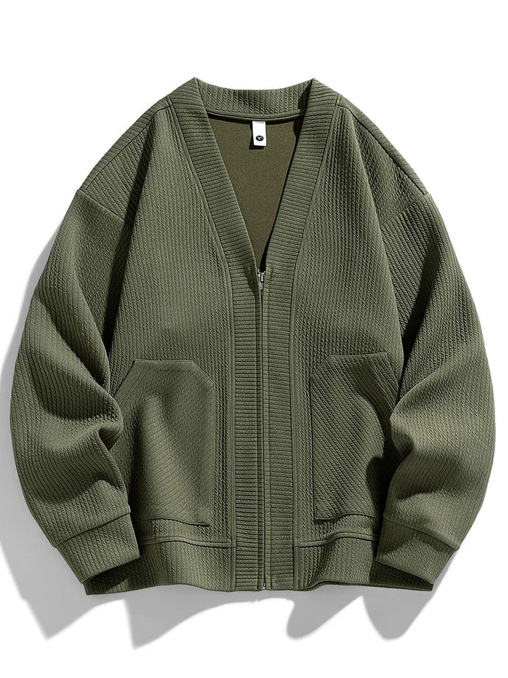 Model wearing a warm men's zip cardigan, perfect for casual fashion.
