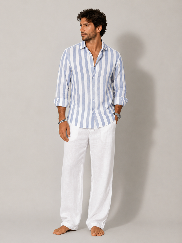 Men's striped button-up shirt, a relaxed fit long sleeve for effortless summer comfort & casual style.