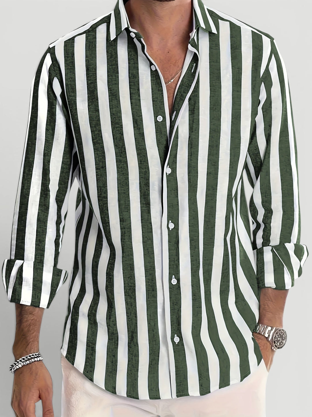 Trendy men's striped long sleeve button-up shirt, a casual staple for effortless summer style & comfort.