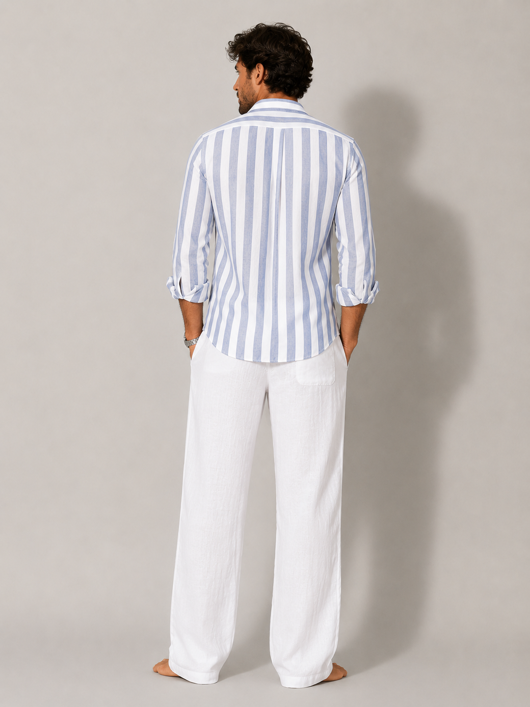 Casual men's striped long sleeve button-up shirt, ideal for beach wear, vacation, and spring outfits.