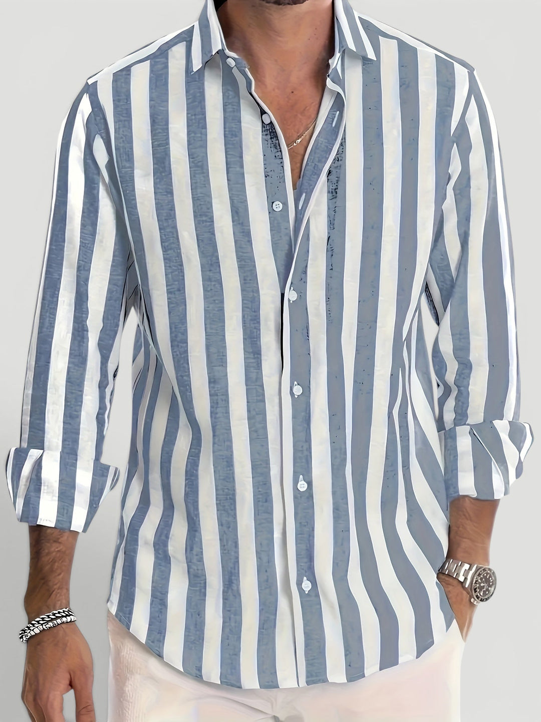 Lightweight men's striped button-up shirt, perfect for summer style, everyday wear & relaxed comfort.