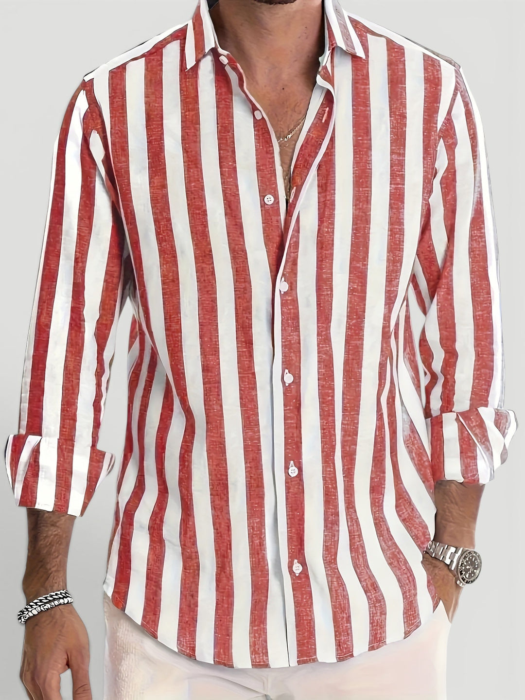 Relaxed fit men's striped shirt, a versatile button-up long sleeve for effortless spring & summer fashion.