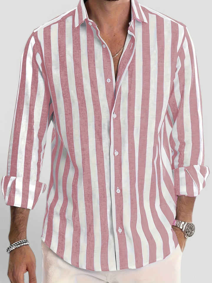 Stylish men's striped button-up shirt, long sleeve, perfect for casual outings, beach wear, and vacation.