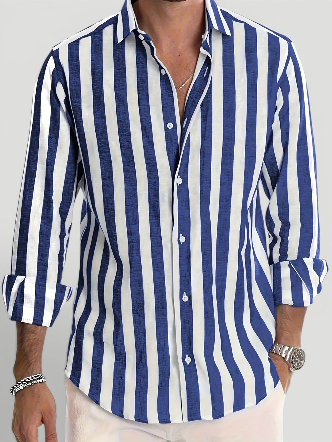 Men's fashion striped button-up shirt, long sleeve, designed for modern men's summer & spring style.