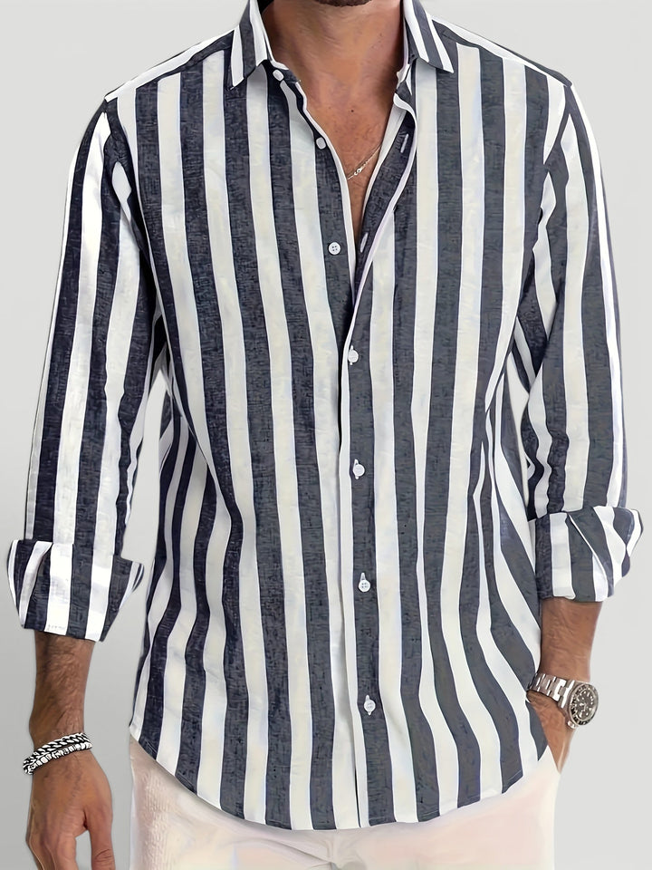 Men's summer striped button-up shirt, a casual long sleeve option for beach, vacation & relaxed fashion.