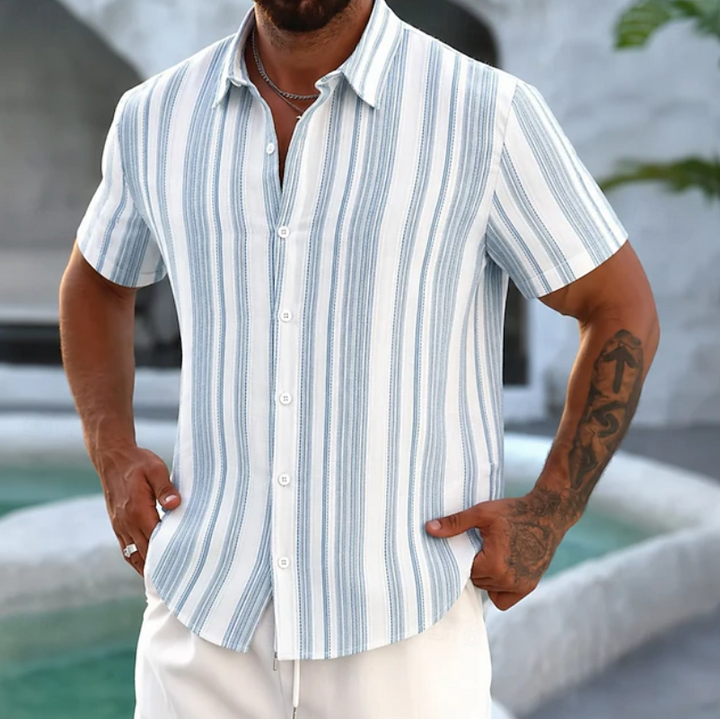 Effortless men's striped button-up shirt, a smart casual long sleeve top for summer and everyday wear.