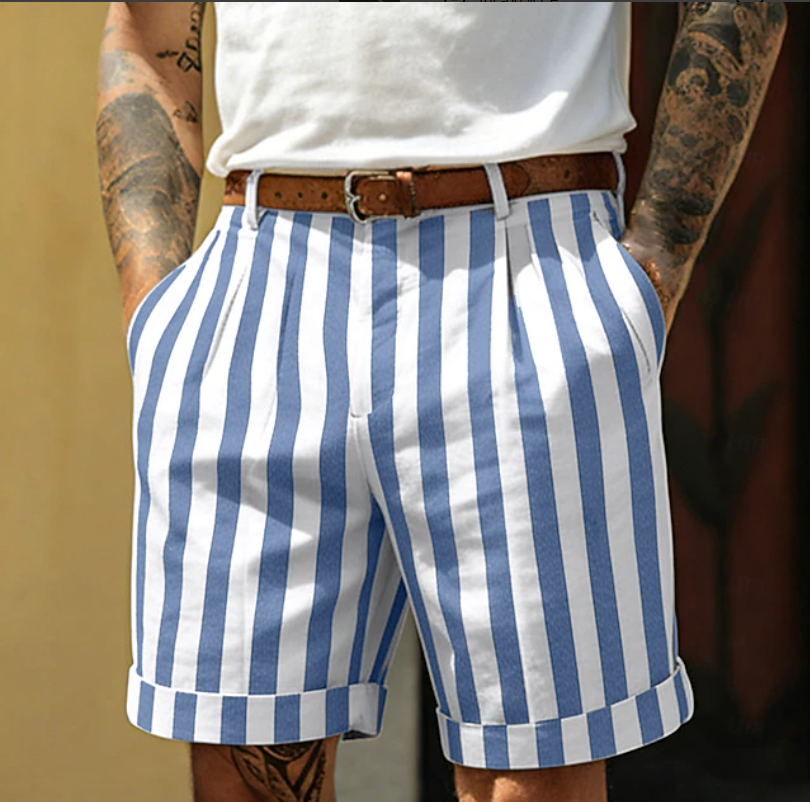 Men's striped coastal shorts, ideal for summer beachwear, casual outings & holiday outfits. Effortless everyday style.