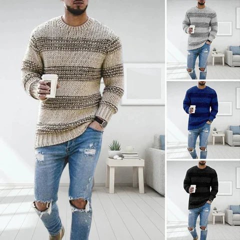 Comfortable men's striped crew neck pullover sweater, ideal for versatile casual wear.