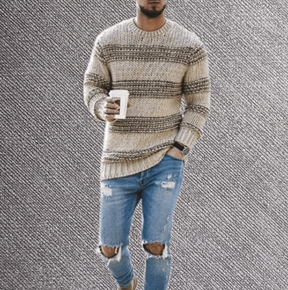 Fashionable men's striped long sleeve crew neck sweater, a versatile pullover for any occasion.