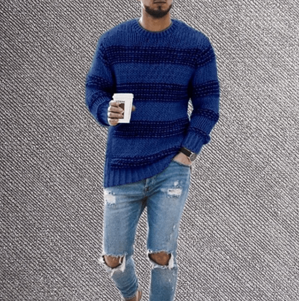 Autumn/winter men's striped crew neck long sleeve pullover sweater for a comfortable, stylish look.
