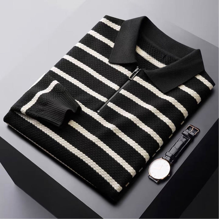 Men's striped half-zip long sleeve polo shirt for smart casual everyday wear. Comfortable knit top.