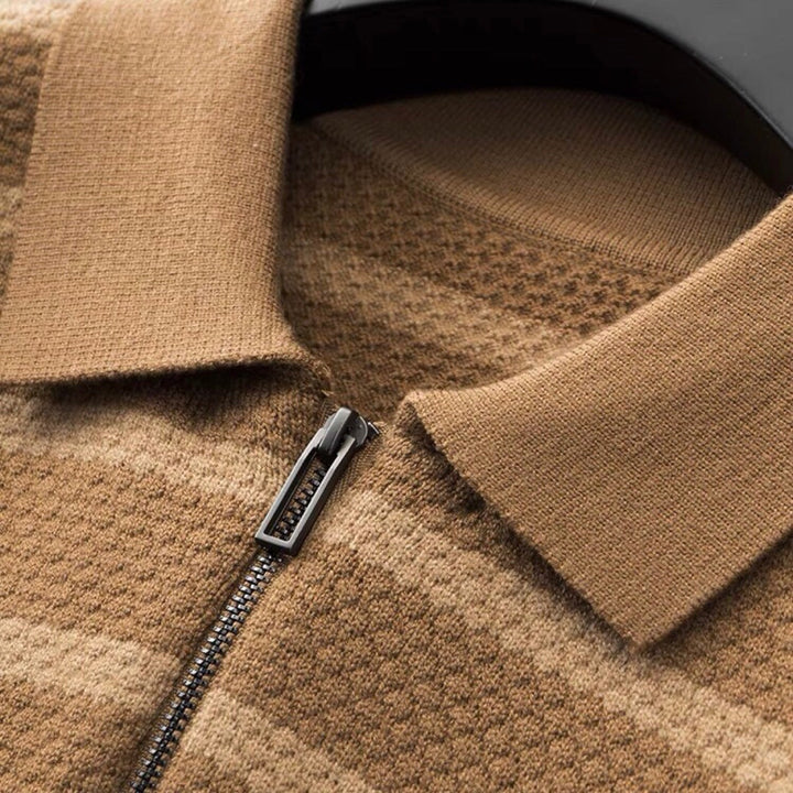 Men's casual striped half-zip polo shirt. A stylish long sleeve knit top, perfect for versatile men's apparel.