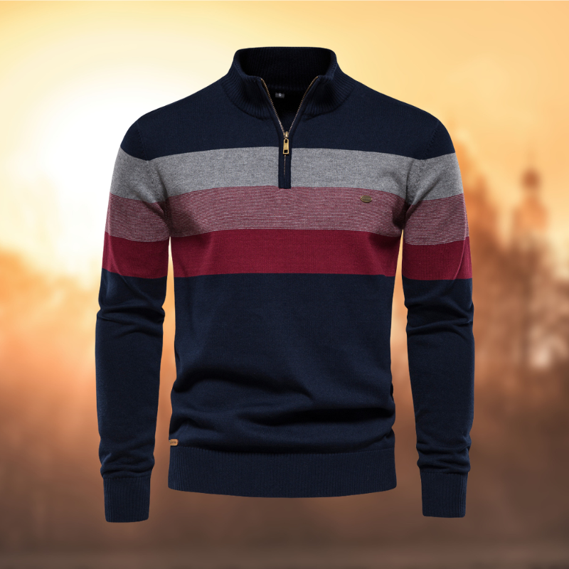 Men's striped half-zip sweater for fall/winter casual wear. Comfortable long sleeve knitwear, perfect layering top.
