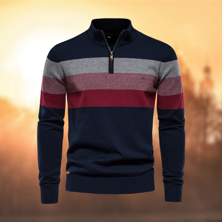 Men's striped half-zip sweater for fall/winter casual wear. Comfortable long sleeve knitwear, perfect layering top.