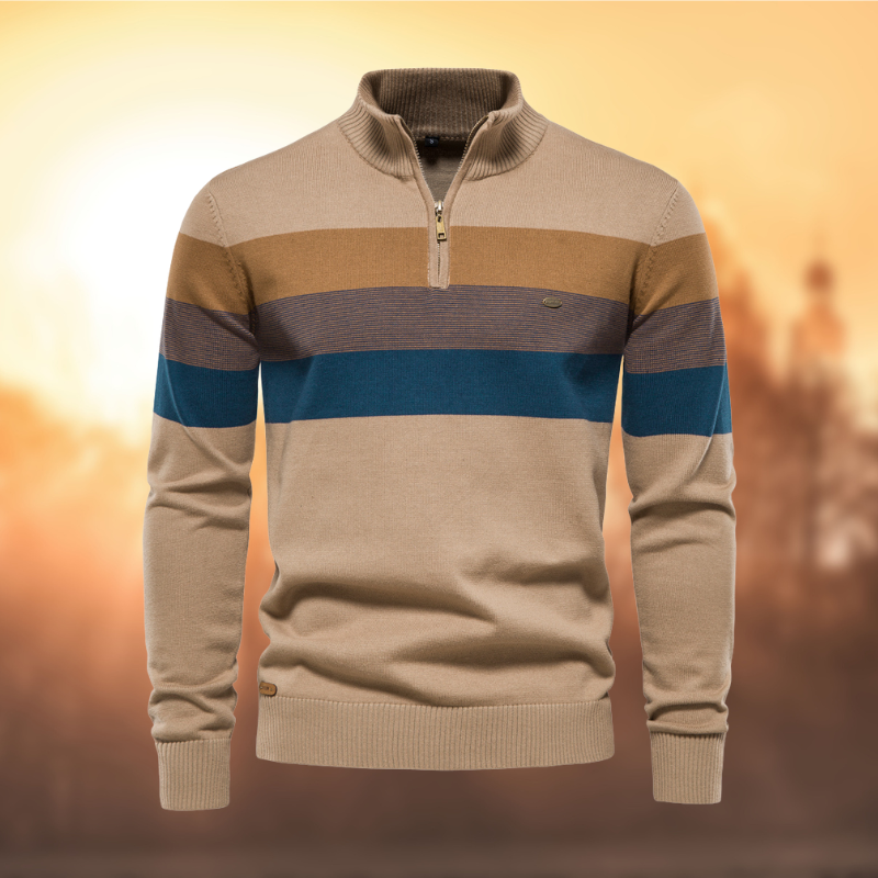 Stylish men's striped knit half-zip sweater in a casual design. Ideal for men's fashion, suitable for fall layering.