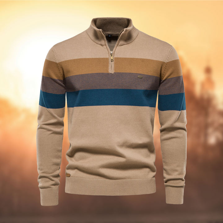 Stylish men's striped knit half-zip sweater in a casual design. Ideal for men's fashion, suitable for fall layering.