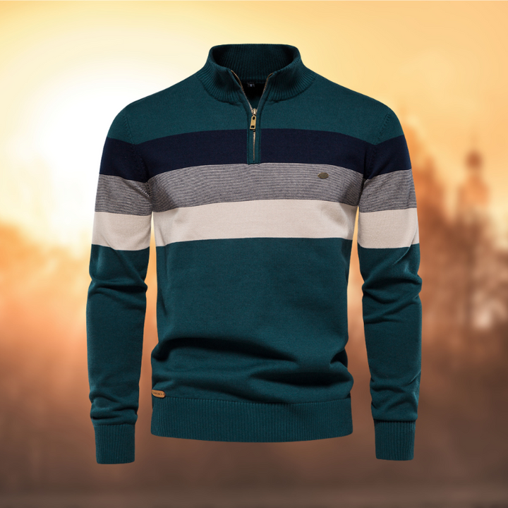 Man wearing a classic striped half-zip sweater. Long sleeve knitwear, a great addition to men's fall/winter wardrobe.