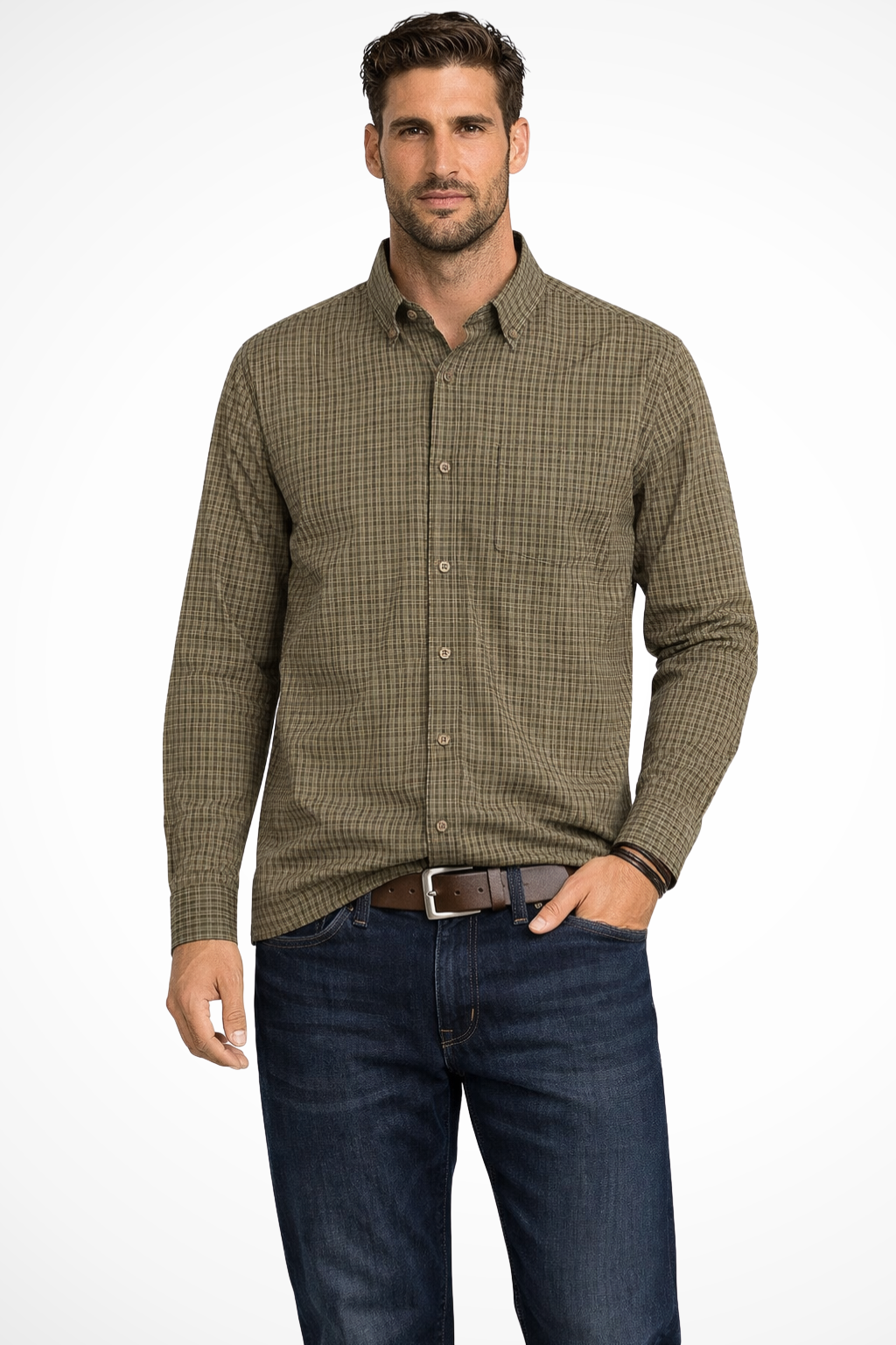 Professional men's striped long sleeve button down shirt, great for business and formal wear.