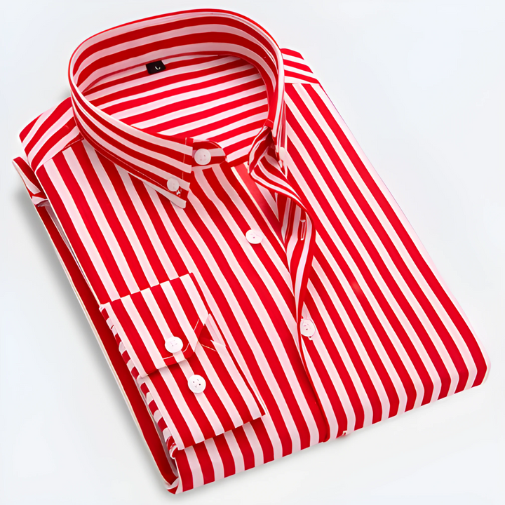 Stylish men's striped button-down shirt with long sleeves, ideal for spring & autumn smart casual outfits.