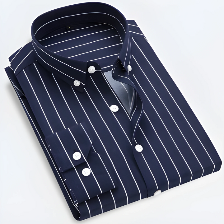 Everyday versatile men's striped long sleeve button-down shirt, great for casual & smart fashion.