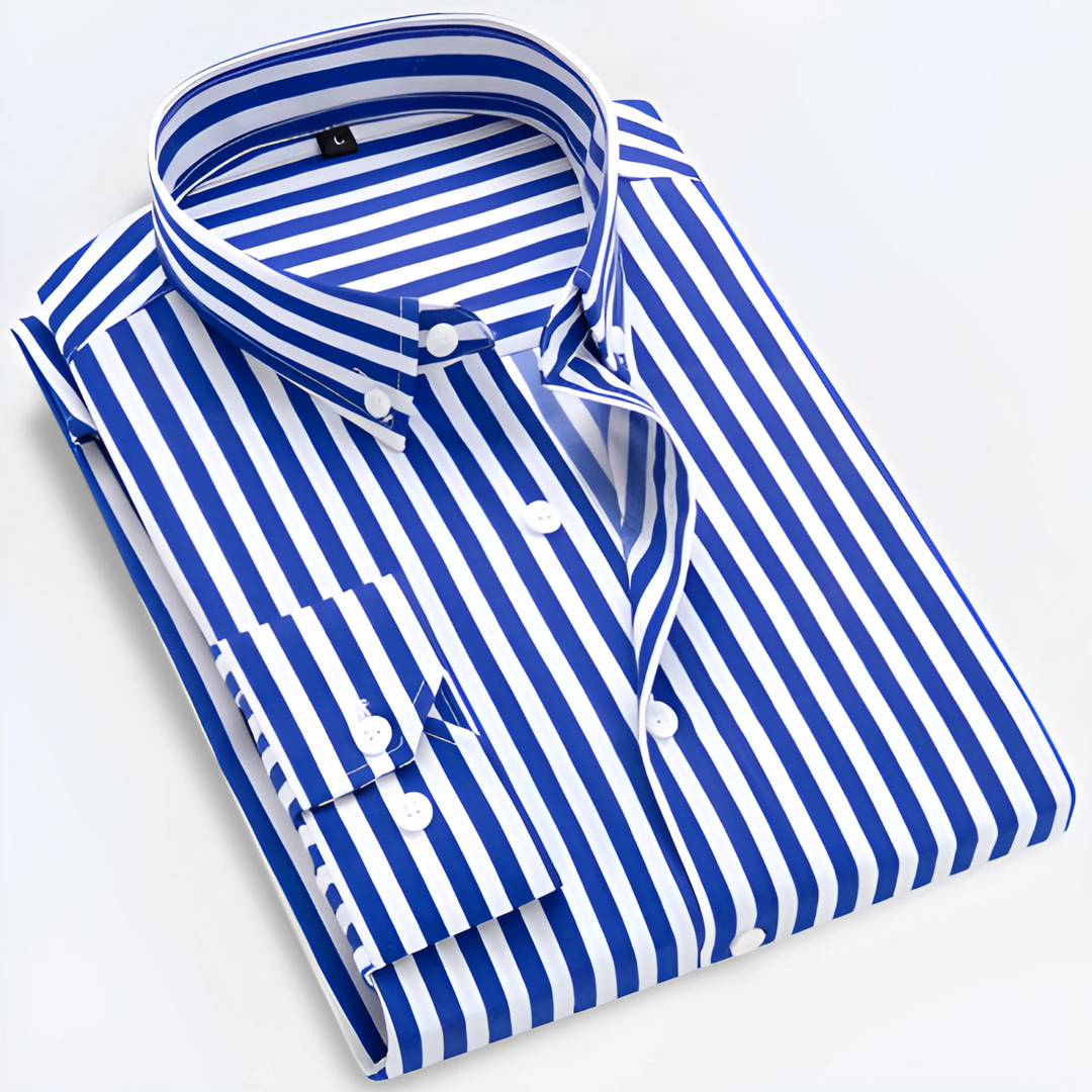 Modern men's striped long sleeve button-down shirt. Essential versatile piece for smart casual men's fashion.