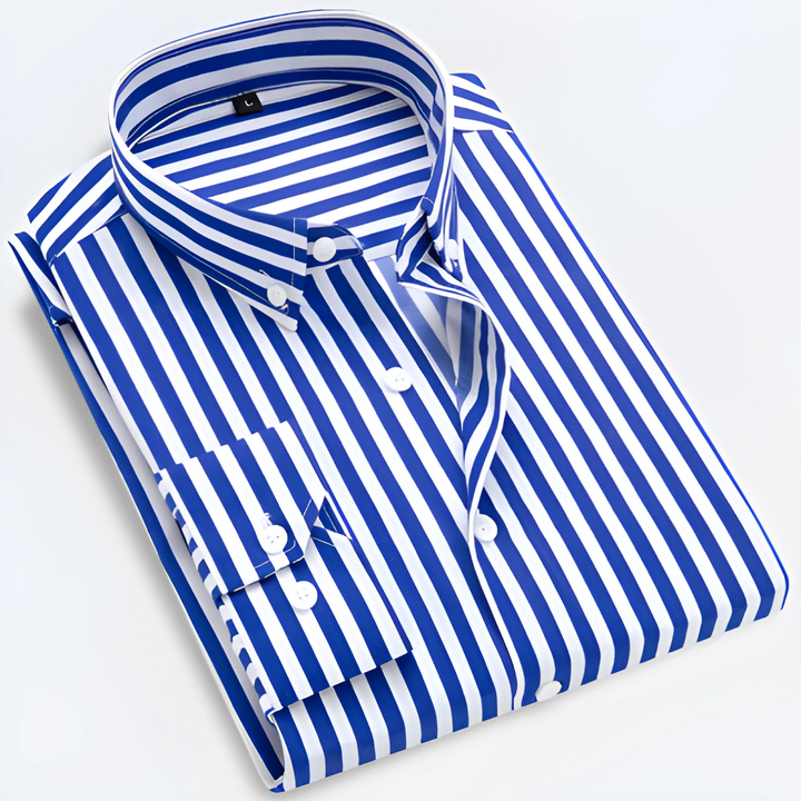 Modern men's striped long sleeve button-down shirt. Essential versatile piece for smart casual men's fashion.