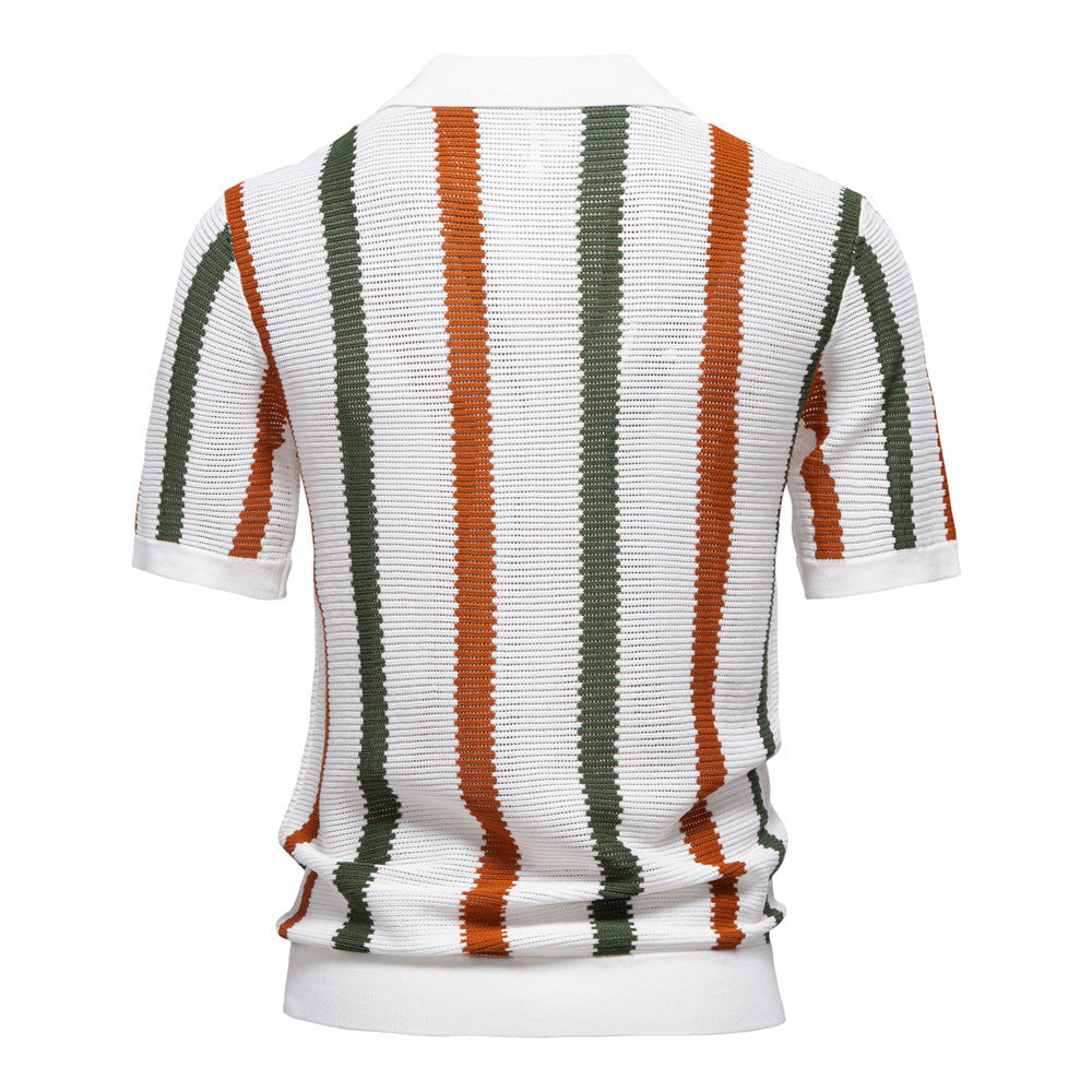 Comfortable men's short-sleeve striped polo shirt, modern design with a stylish open collar.