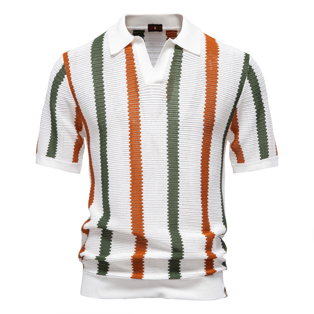 Casual men's summer top: a comfortable, modern striped polo shirt with a relaxed open collar.