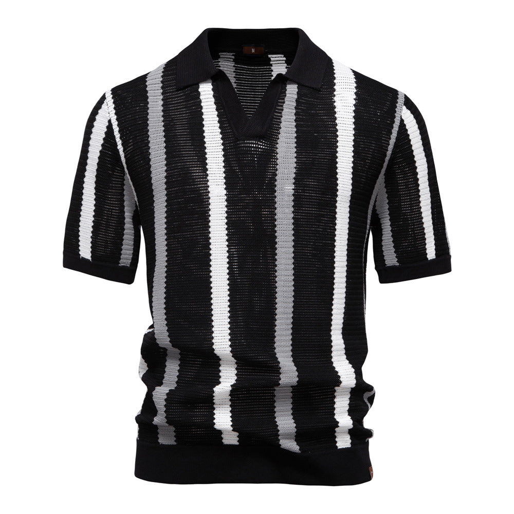 Stylish men's striped polo shirt, featuring a comfortable open collar and short sleeves for daily wear.