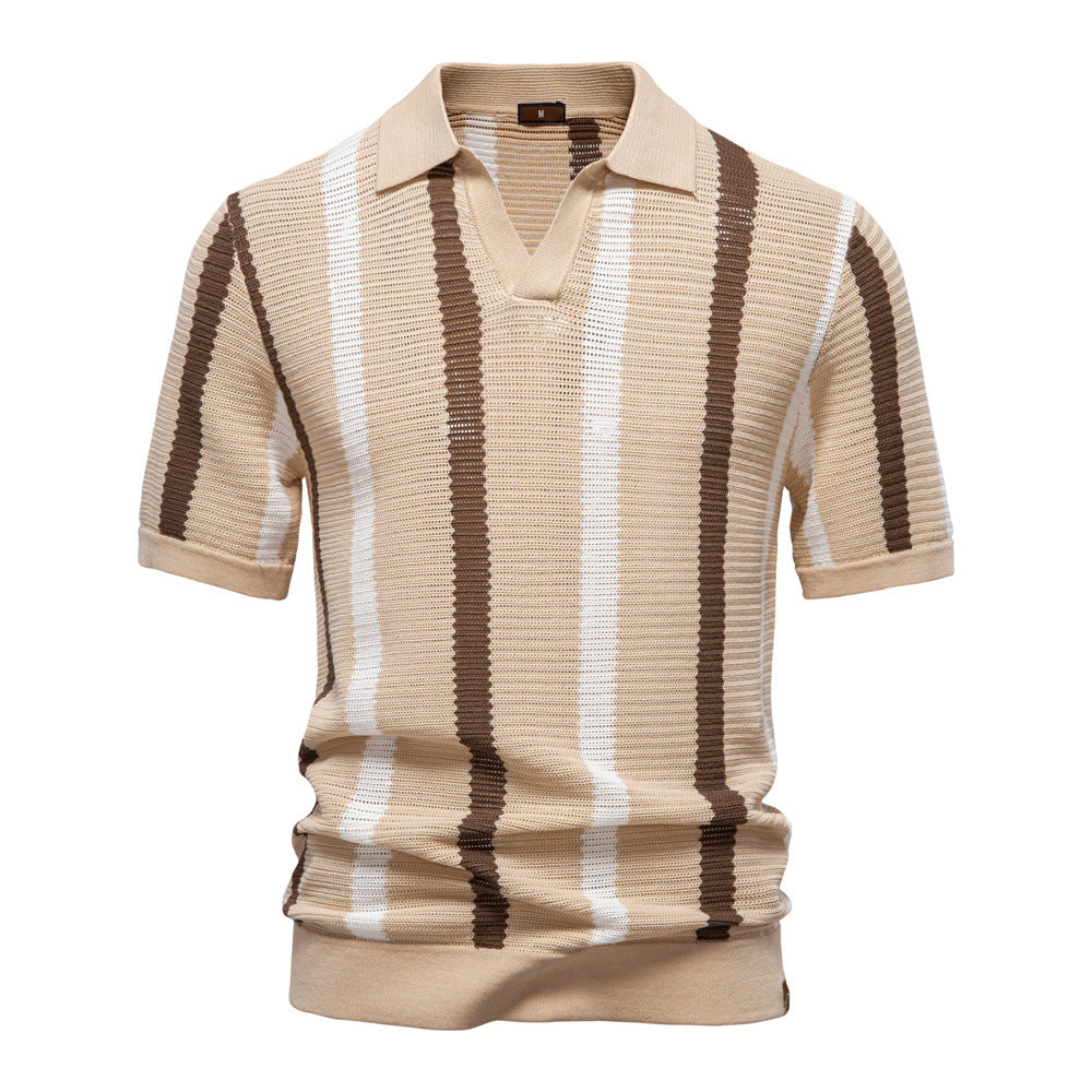 Modern men's casual striped polo shirt with an open collar, ideal for stylish summer outfits.