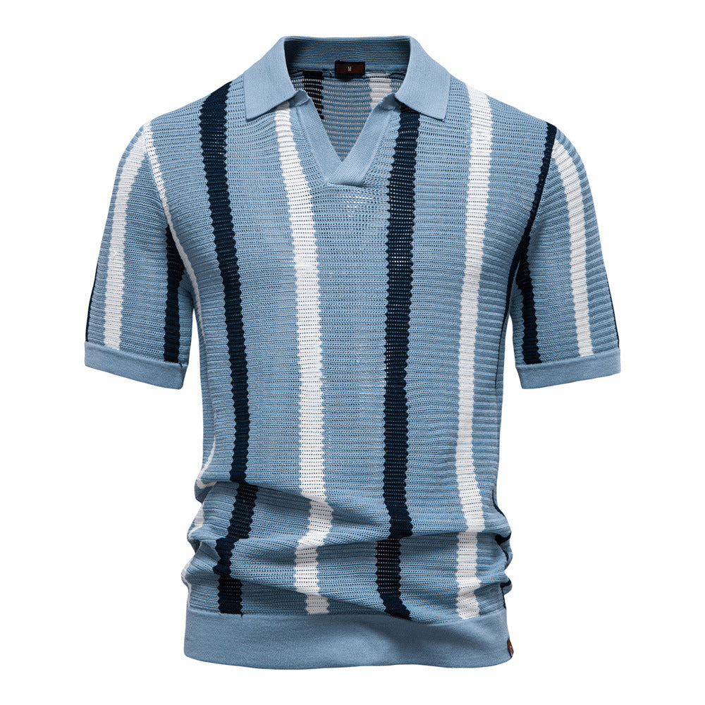 Men's open collar comfort top: a stylish short-sleeve striped polo shirt for modern casual wear.