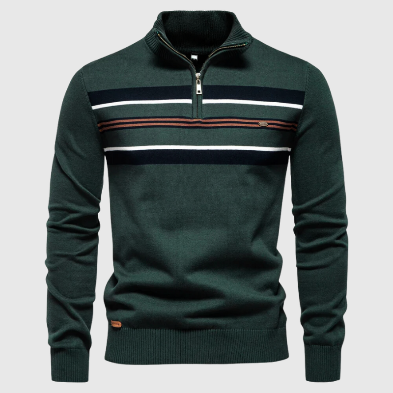 Men's striped quarter zip sweater, a versatile mock neck top for fall & winter casual wear.