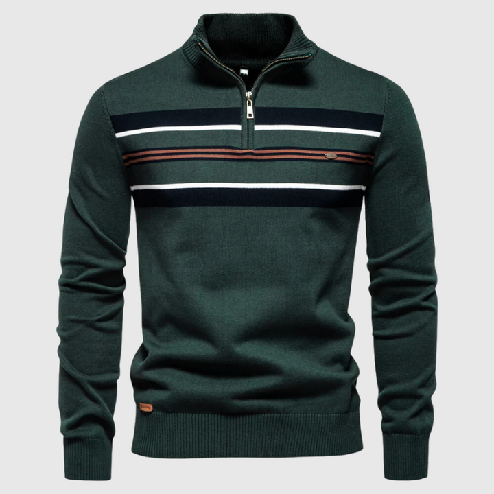 Men's striped quarter zip sweater, a versatile mock neck top for fall & winter casual wear.
