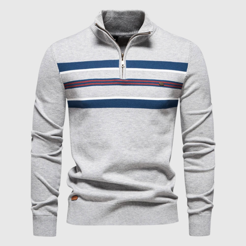 Stylish men's striped quarter zip sweater, a versatile layering piece for fall & winter casual fashion.