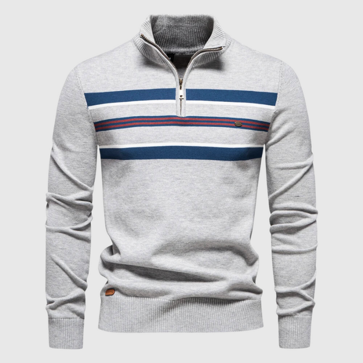 Stylish men's striped quarter zip sweater, a versatile layering piece for fall & winter casual fashion.