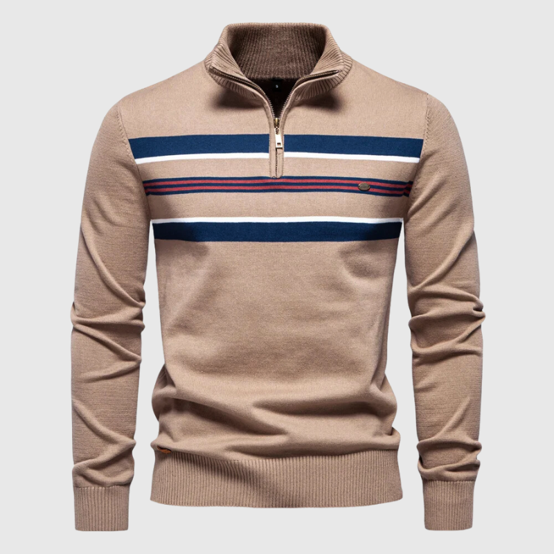Men's classic striped quarter zip sweater with a mock neck, perfect for smart casual and cool weather.